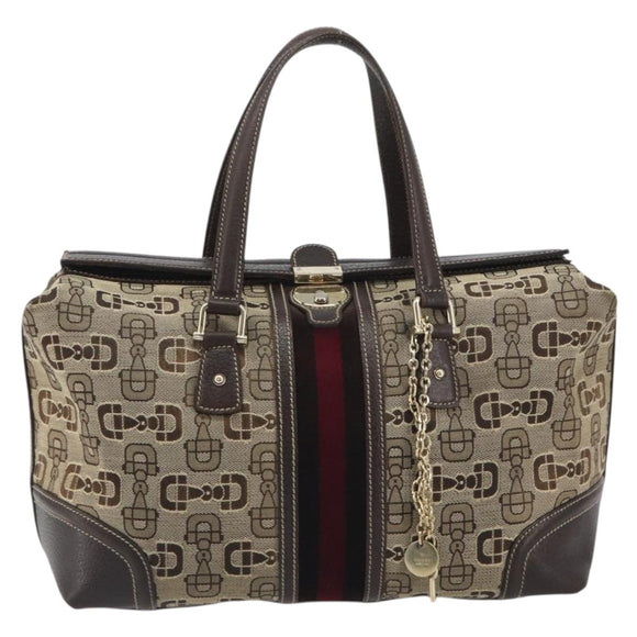 GUCCI Horsebit Sherry Line Boston Bag Canvas Beige Gold 150335 Auth 194651V