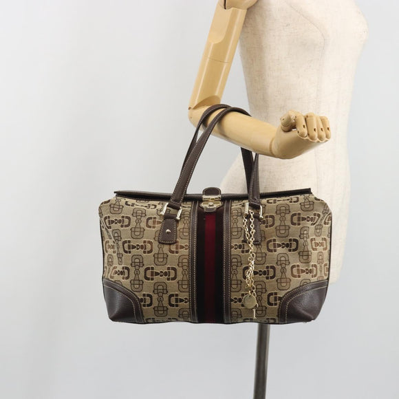 GUCCI Horsebit Sherry Line Boston Bag Canvas Beige Gold 150335 Auth 194651V