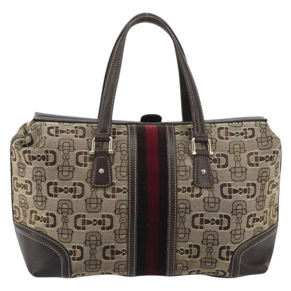 GUCCI Horsebit Sherry Line Boston Bag Canvas Beige Gold 150335 Auth 194651V