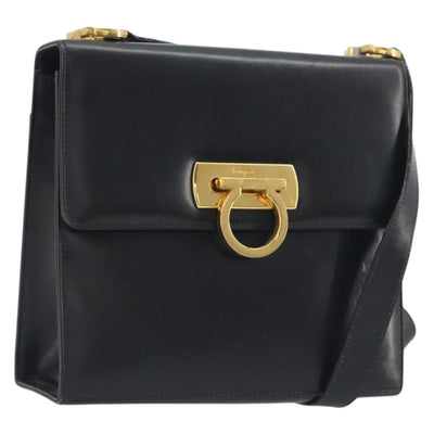 Salvatore Ferragamo Gancini Shoulder Bag Leather Black Gold Auth 194666