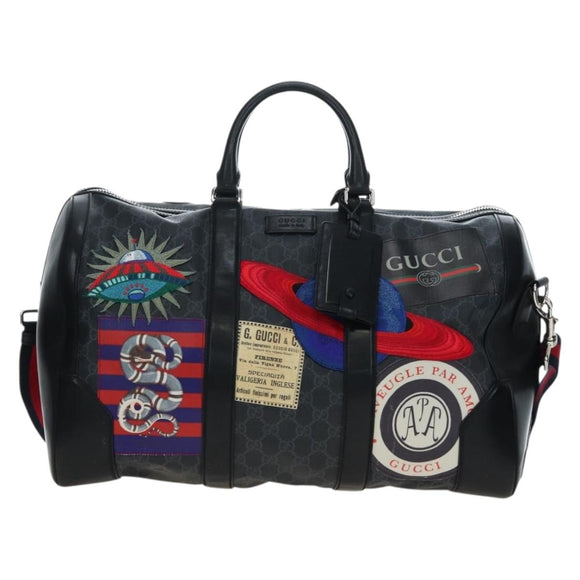 GUCCI GG Supreme Boston Bag PVC 2way Black Silver 474131 Auth 194667M