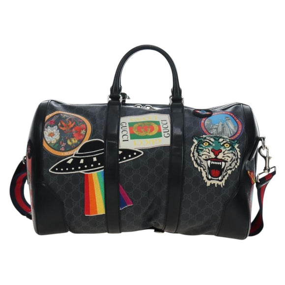 GUCCI GG Supreme Boston Bag PVC 2way Black Silver 474131 Auth 194667M