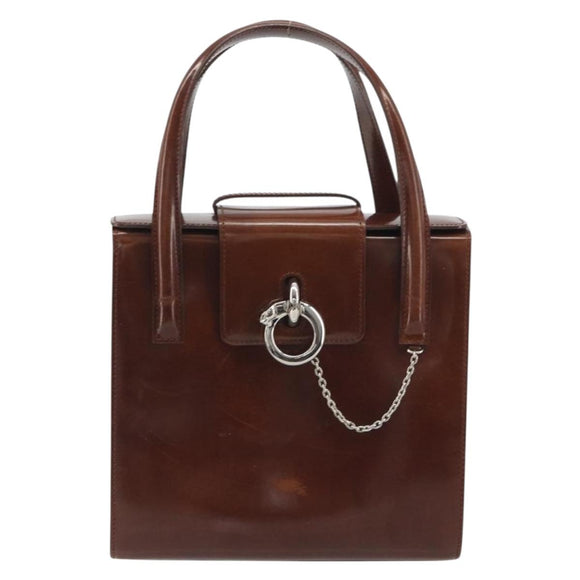 CARTIER PANTHERE Hand Bag Patent leather Brown Silver Auth 194669