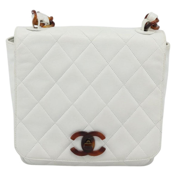 CHANEL Matelasse Chain Shoulder Bag Lamb Skin White CC Auth 194671V