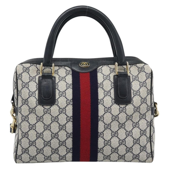 GUCCI GG Supreme Sherry Line Boston Bag PVC 2way Navy Gold Auth 194672V