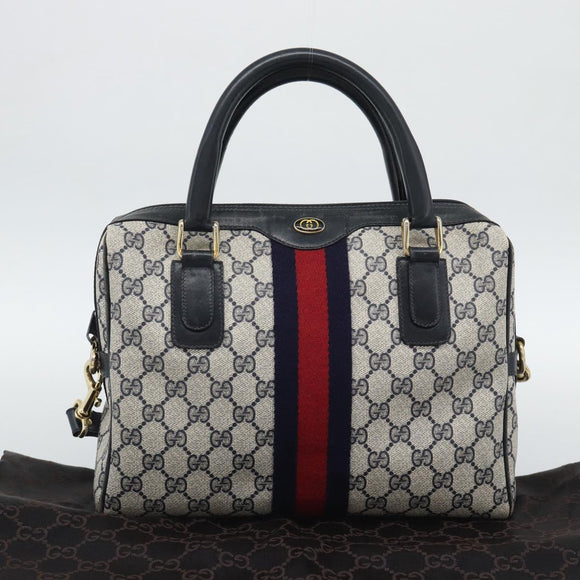 GUCCI GG Supreme Sherry Line Boston Bag PVC 2way Navy Gold Auth 194672V