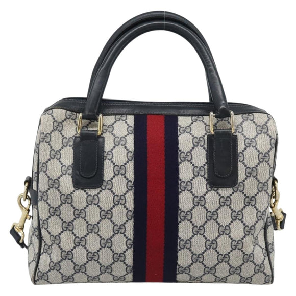 GUCCI GG Supreme Sherry Line Boston Bag PVC 2way Navy Gold Auth 194672V