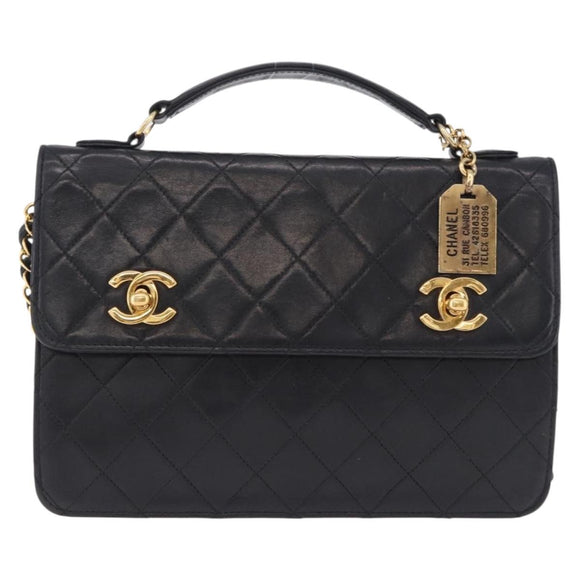 CHANEL Matelasse Chain Shoulder Bag Lamb Skin 2way Black Gold CC Auth 194687SAM
