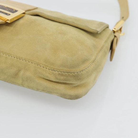 FENDI Mamma Baguette Shoulder Bag Suede Beige Gold Auth 194704V