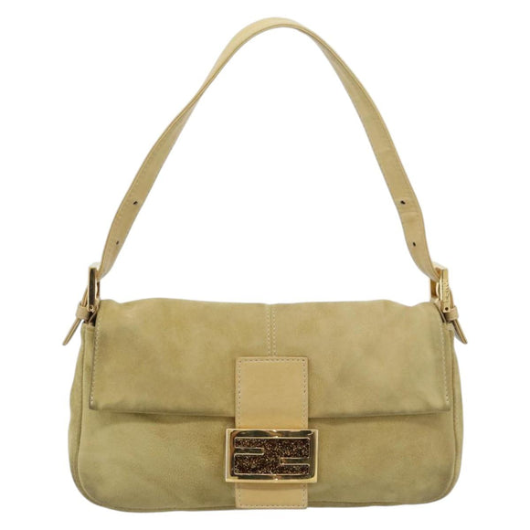 FENDI Mamma Baguette Shoulder Bag Suede Beige Gold Auth 194704V