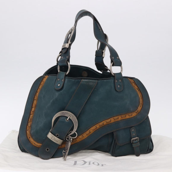 Christian Dior Gaucho Tote Bag Leather Green Silver Auth 194708V