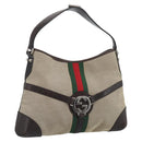 GUCCI Web Sherry Line Shoulder Bag Canvas Beige Silver 114879 Auth 194715A-1