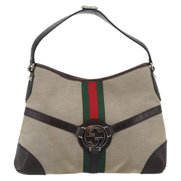 GUCCI Web Sherry Line Shoulder Bag Canvas Beige Silver 114879 Auth 194715A