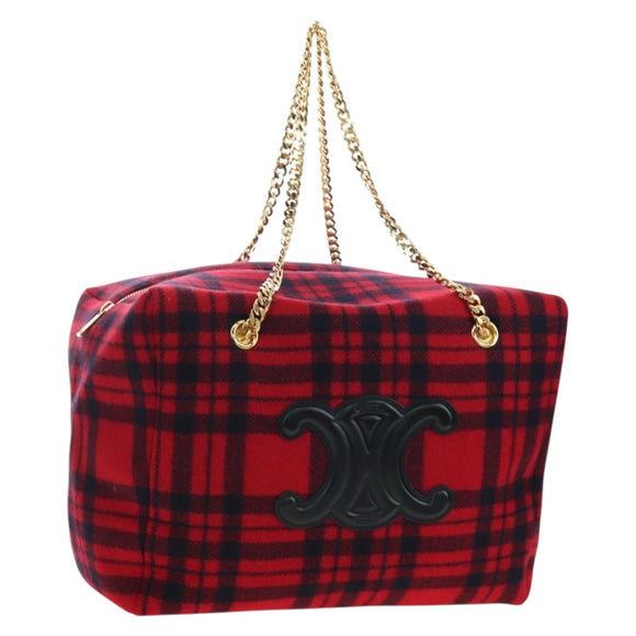 CELINE Triomphe Chain Large Pliage Patapan Bag Wool Red Gold Auth 194727SAM