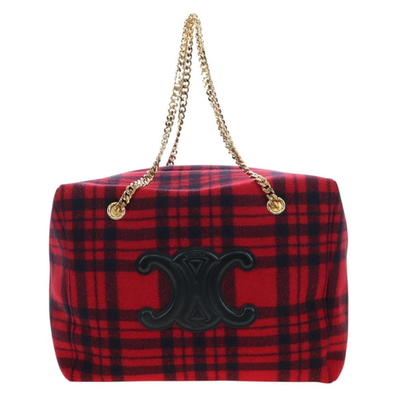 CELINE Triomphe Chain Large Pliage Patapan Bag Wool Red Gold Auth 194727SAM