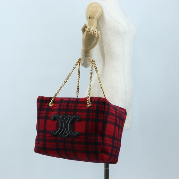 CELINE Triomphe Chain Large Pliage Patapan Bag Wool Red Gold Auth 194727SAM