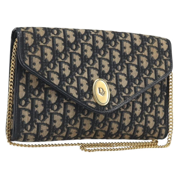 Christian Dior Trotter Canvas Chain Shoulder Bag Navy Gold Auth 194730