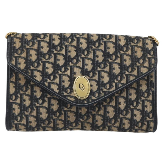 Christian Dior Trotter Canvas Chain Shoulder Bag Navy Gold Auth 194730