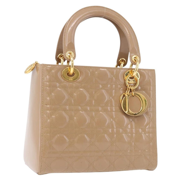 Christian Dior Lady Dior Canage Hand Bag Patent leather Beige Gold Auth 194732V