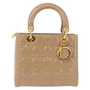 Christian Dior Lady Dior Canage Hand Bag Patent leather Beige Gold Auth 194732V-2