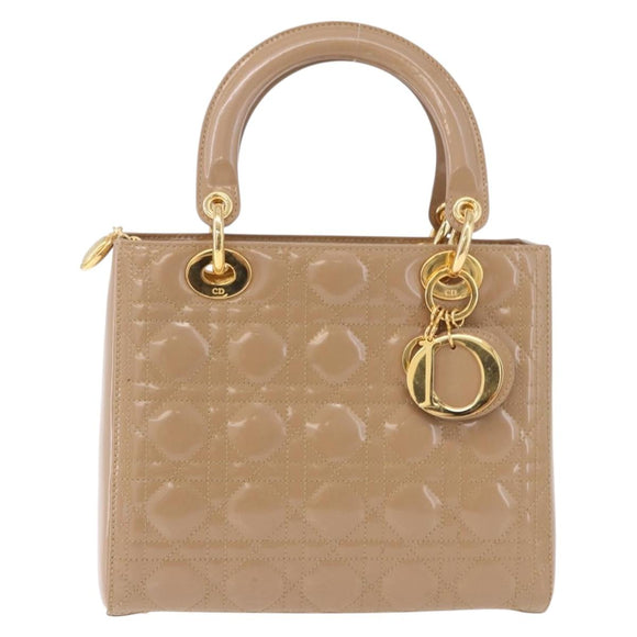 Christian Dior Lady Dior Canage Hand Bag Patent leather Beige Gold Auth 194732V