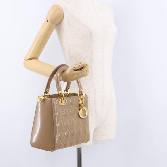 Christian Dior Lady Dior Canage Hand Bag Patent leather Beige Gold Auth 194732V