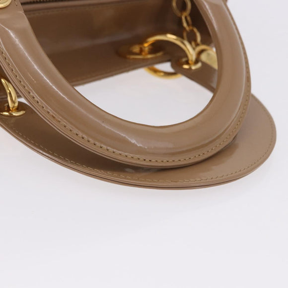 Christian Dior Lady Dior Canage Hand Bag Patent leather Beige Gold Auth 194732V