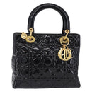 Christian Dior Lady Dior Canage Hand Bag Patent leather Black Gold Auth 194734V-2