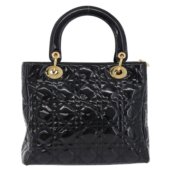 Christian Dior Lady Dior Canage Hand Bag Patent leather Black Gold Auth 194734V