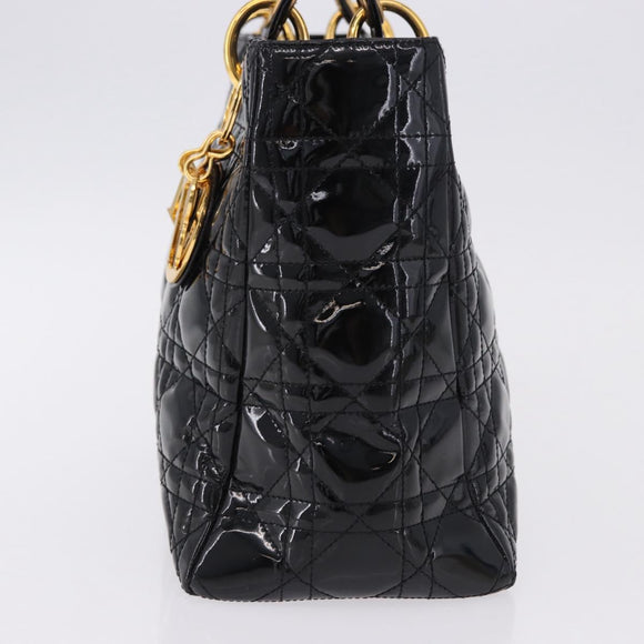 Christian Dior Lady Dior Canage Hand Bag Patent leather Black Gold Auth 194734V