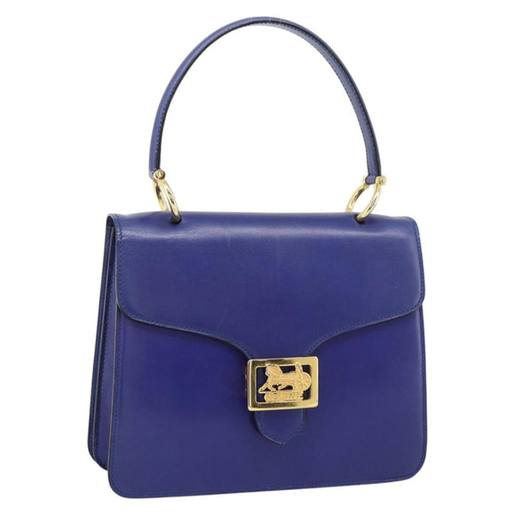 CELINE Horse Carriage Hand Bag Leather Blue Gold Auth 194737
