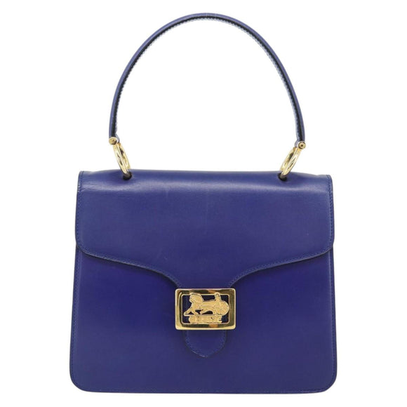 CELINE Horse Carriage Hand Bag Leather Blue Gold Auth 194737