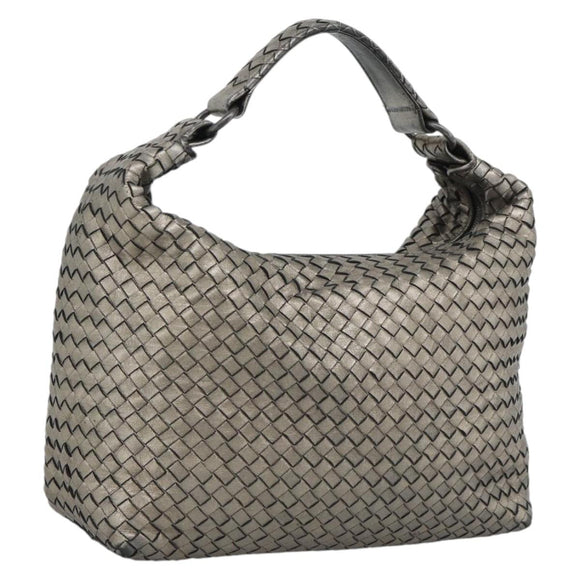 BOTTEGA VENETA INTRECCIATO Shoulder Bag Leather Silver Auth 194742V