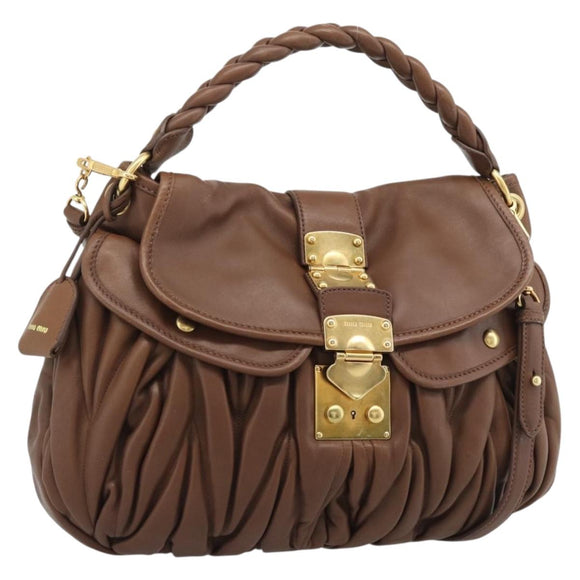 Miu Miu Matelasse Chain Shoulder Bag Leather 2way Brown Gold Auth 194745V