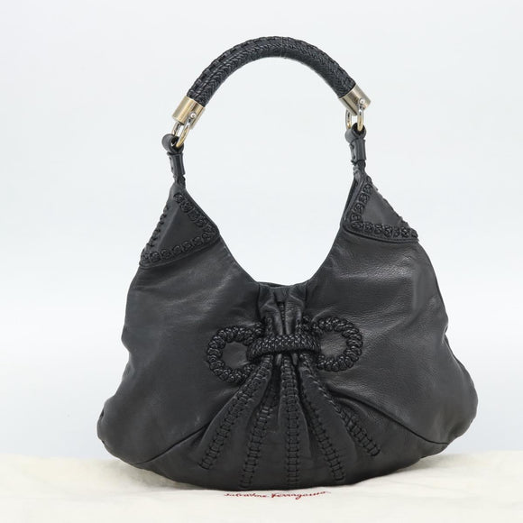 Salvatore Ferragamo Gancini Shoulder Bag Leather Black Silver Auth 194747A