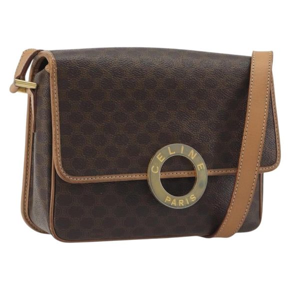 CELINE Macadam Canvas Circle Shoulder Bag PVC Leather Brown Gold Auth 194756