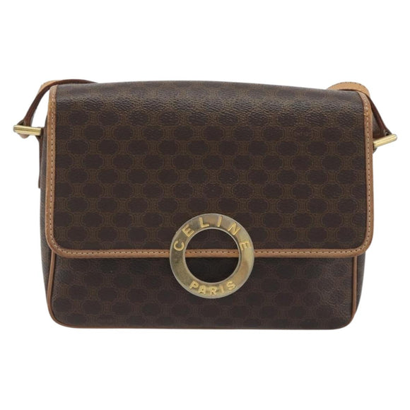 CELINE Macadam Canvas Circle Shoulder Bag PVC Leather Brown Gold Auth 194756