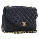 CHANEL Matelasse Chain Shoulder Bag Lamb Skin Navy Gold CC Auth 194761-1