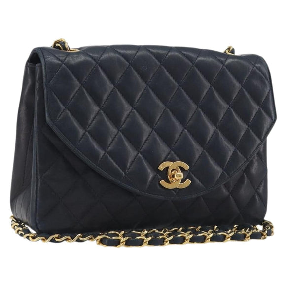 CHANEL Matelasse Chain Shoulder Bag Lamb Skin Navy Gold CC Auth 194761