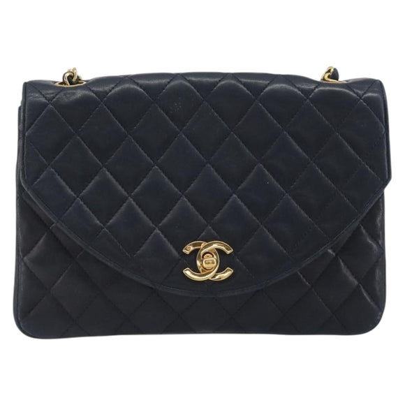 CHANEL Matelasse Chain Shoulder Bag Lamb Skin Navy Gold CC Auth 194761
