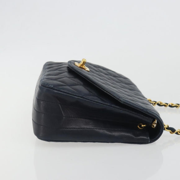 CHANEL Matelasse Chain Shoulder Bag Lamb Skin Navy Gold CC Auth 194761