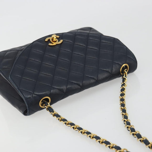 CHANEL Matelasse Chain Shoulder Bag Lamb Skin Navy Gold CC Auth 194761