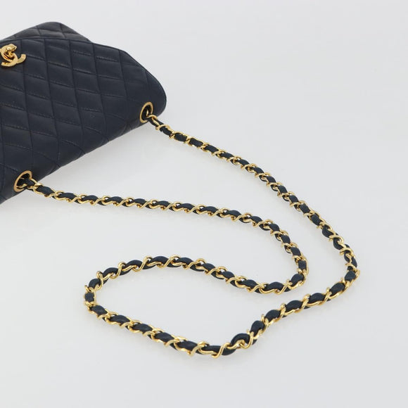 CHANEL Matelasse Chain Shoulder Bag Lamb Skin Navy Gold CC Auth 194761