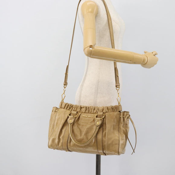Miu Miu Hand Bag Leather 2way Beige Gold Auth 194762M