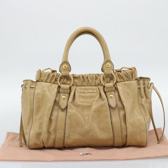 Miu Miu Hand Bag Leather 2way Beige Gold Auth 194762M