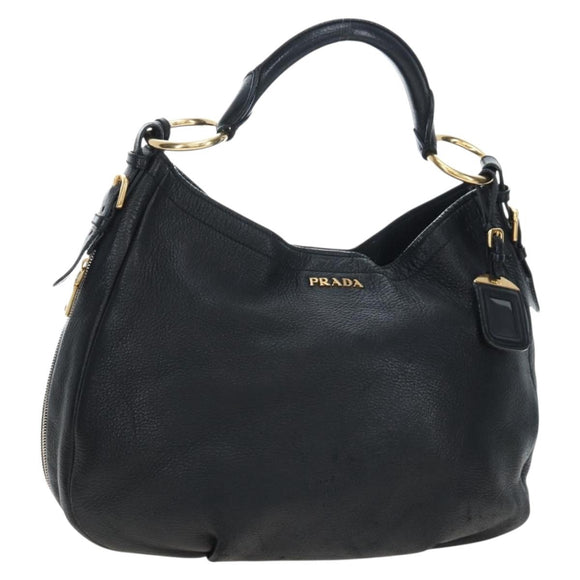 PRADA Shoulder Bag Vittero Dino Leather Black Gold Auth 194765M