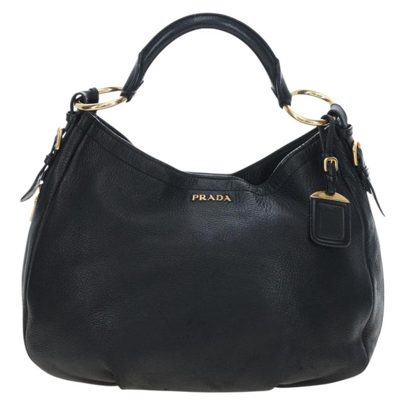 PRADA Shoulder Bag Vittero Dino Leather Black Gold Auth 194765M