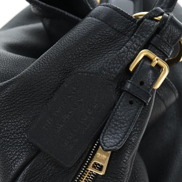 PRADA Shoulder Bag Vittero Dino Leather Black Gold Auth 194765M