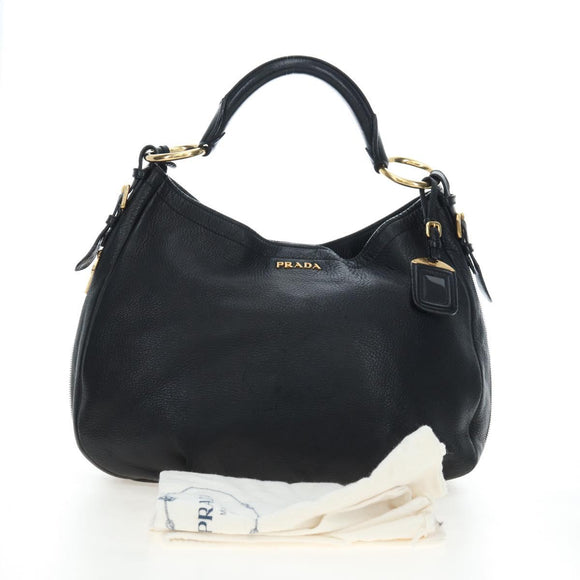 PRADA Shoulder Bag Vittero Dino Leather Black Gold Auth 194765M
