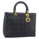 Christian Dior Lady Dior Canage Hand Bag Lamb Skin Black Gold Auth 194778V-1